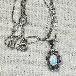 Oval Cabochon Genuine Opal Marcasite Sterling Silver Pendant Necklace Italy